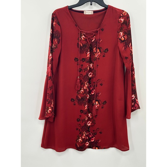 Altar'd State Floral Boho Mini Dress Lace Up Bell Sleeve Romantic M - Picture 2 of 6